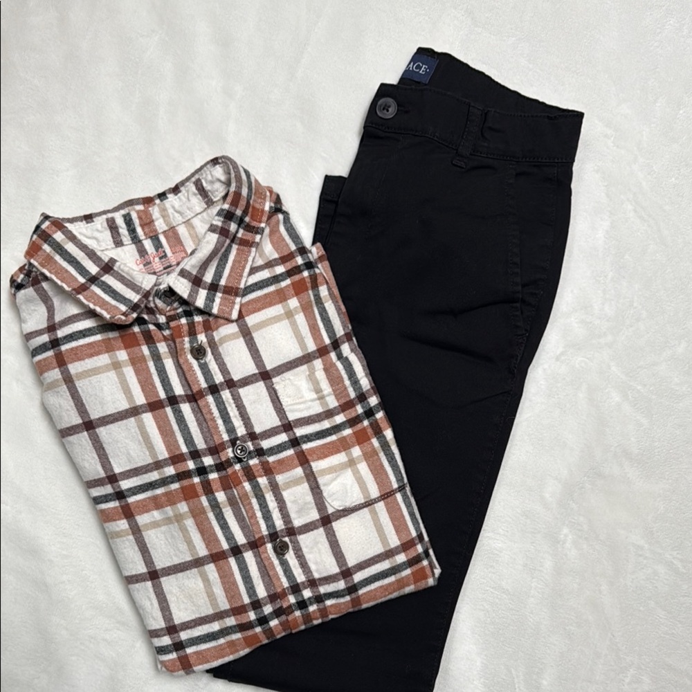 Boy’s Black Slim Fit Pants and flannel long sleeve